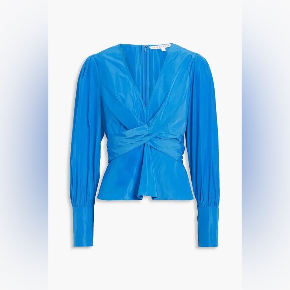 Veronica Beard Seema Wrap-Effect Taffeta Vibrant Blue Blouse Button Cuff Women’s - Picture 2 of 9